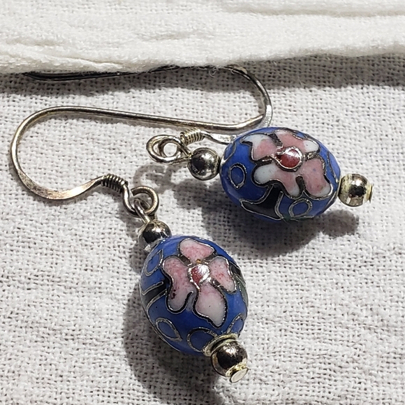 Beautiful Vintage Cloisonne Enamel Dangle Bead Earrings Sterling Silver - Picture 1 of 5